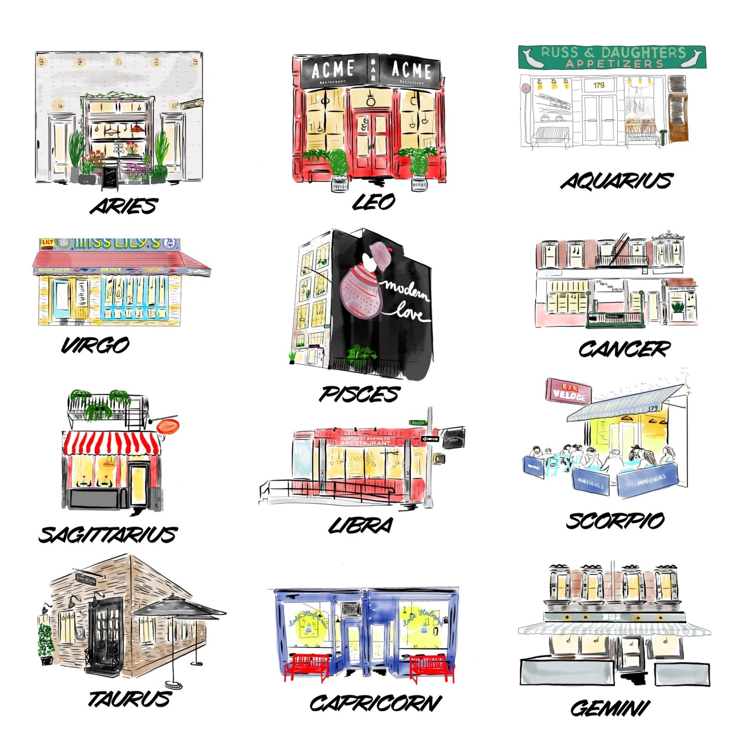 Astrology NYC restaurant print - JenScribblesNY