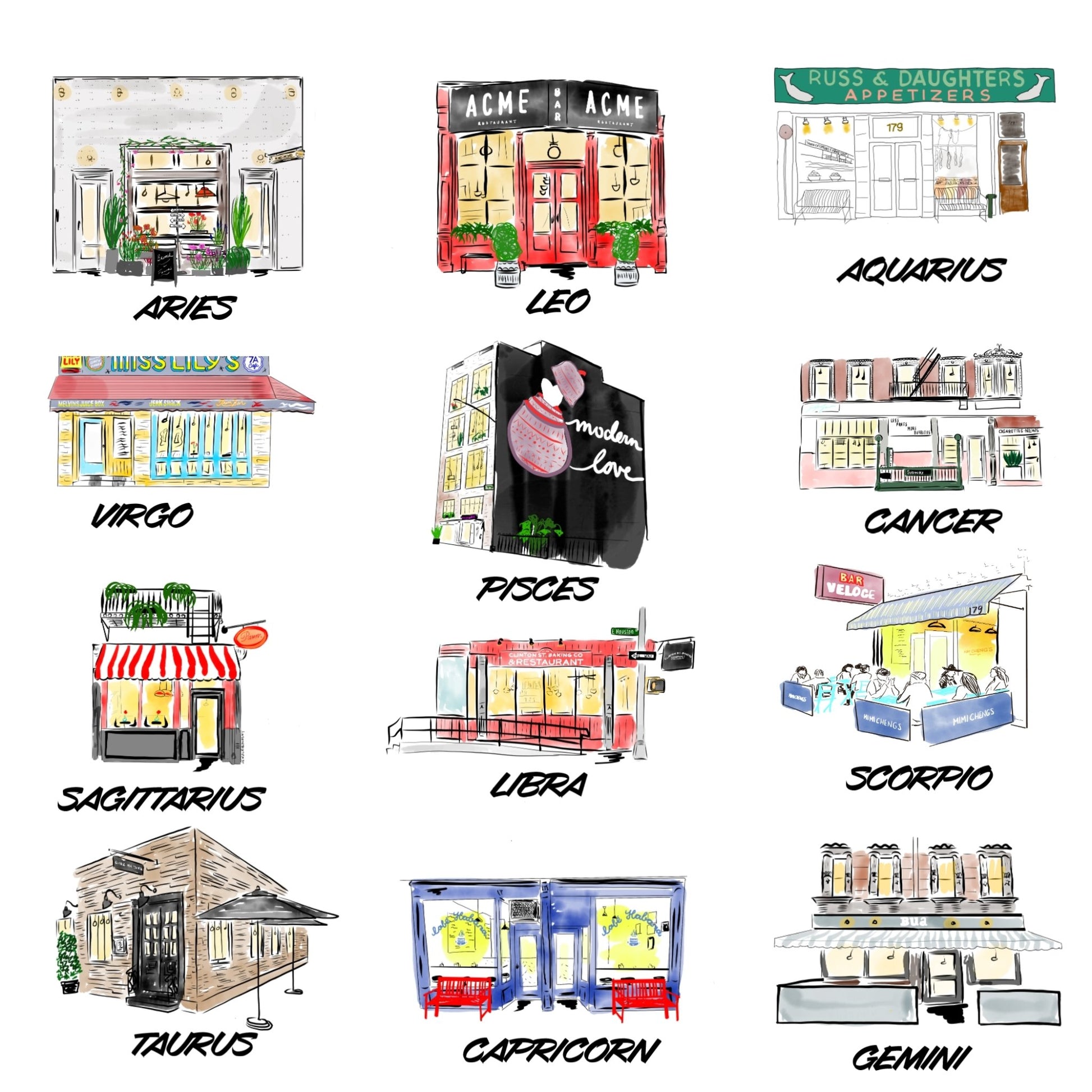 Astrology NYC restaurant print - JenScribblesNY