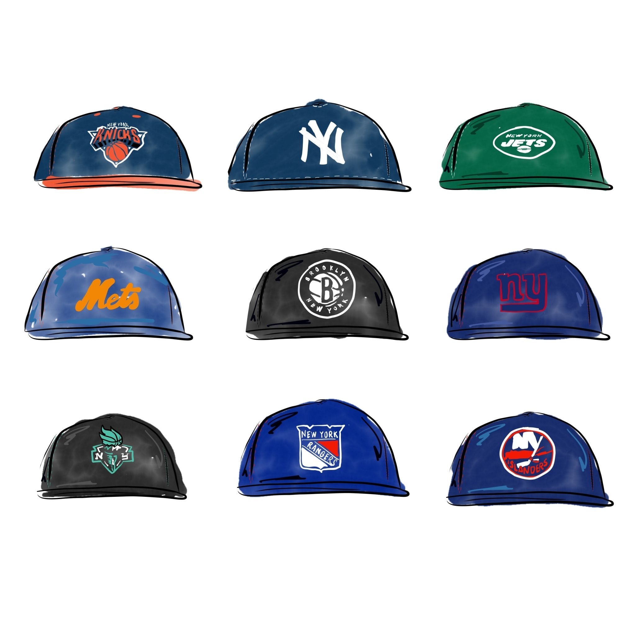 NY Sports Hats 8x10 Inches in 11x14 Matte Border